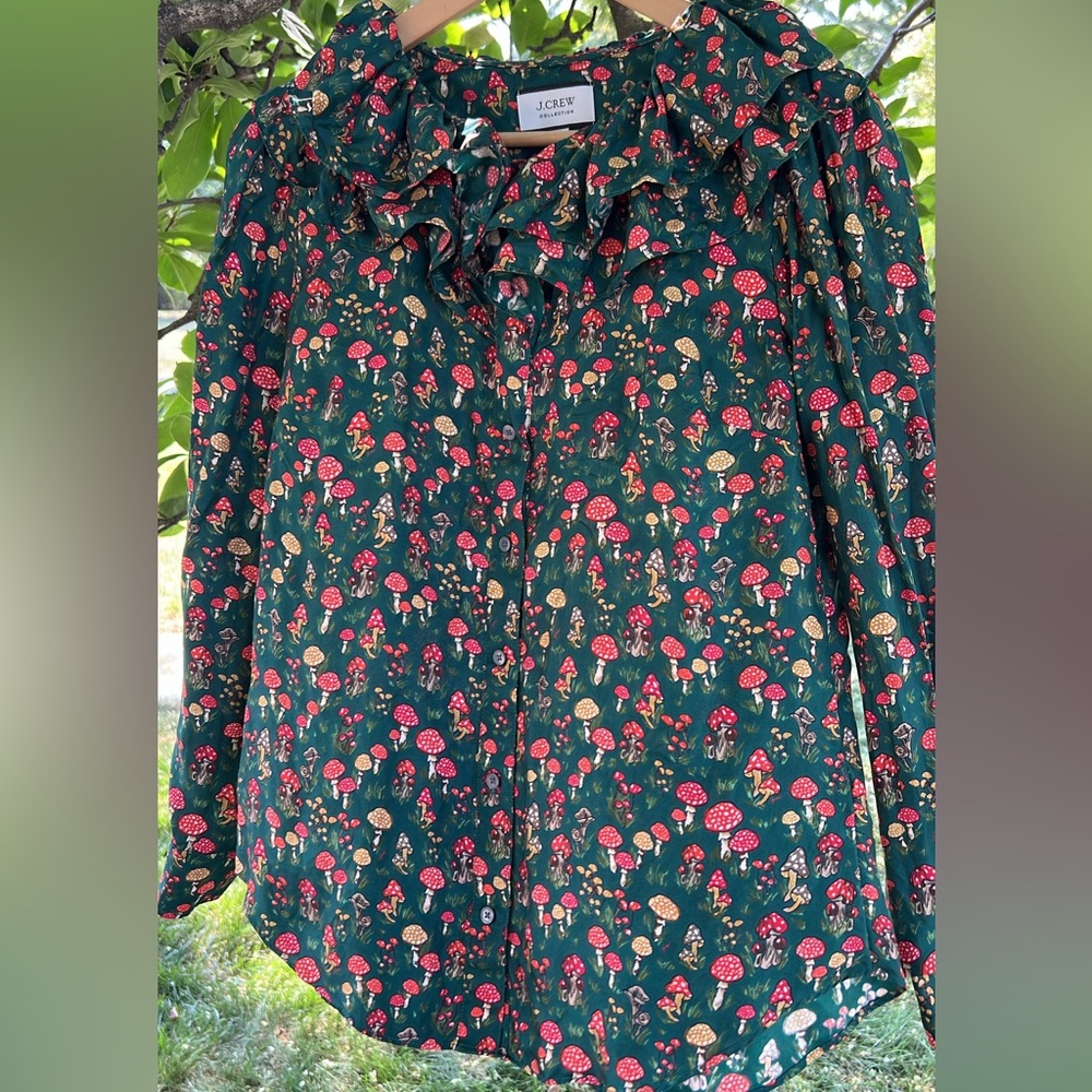 J. Crew Collection Forest Green Silk Blouse with Mushroom Pattern XS - Picture 2 of 3
